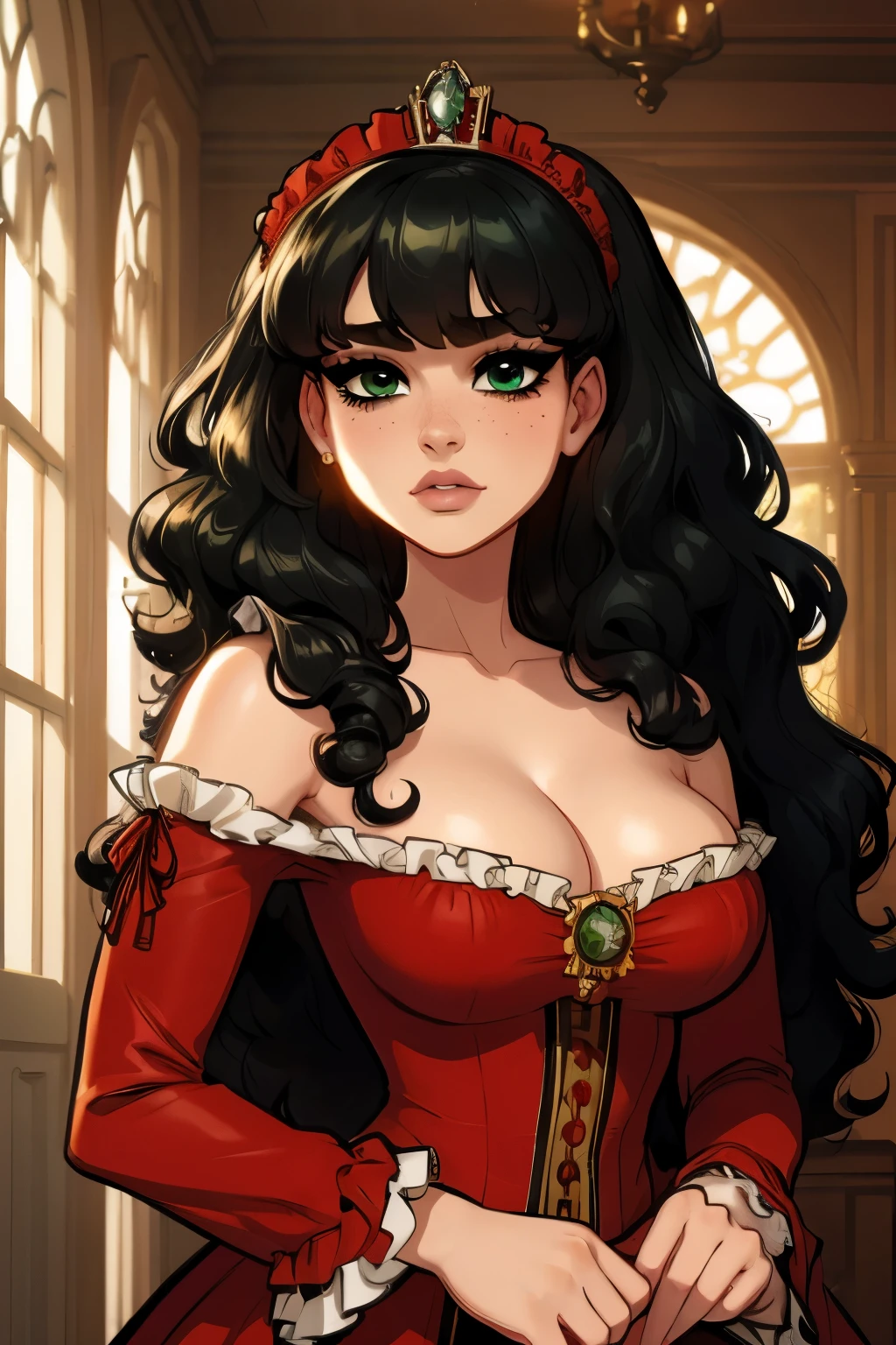 One girl, curly_hair, afro_hair, black_hair, long_hair, bangs, beautifull_face, detailed_face, pecas, slanted_eyes, slim_face, green_eyes, red_dress, princess_dress, neckline, victorian_dress,