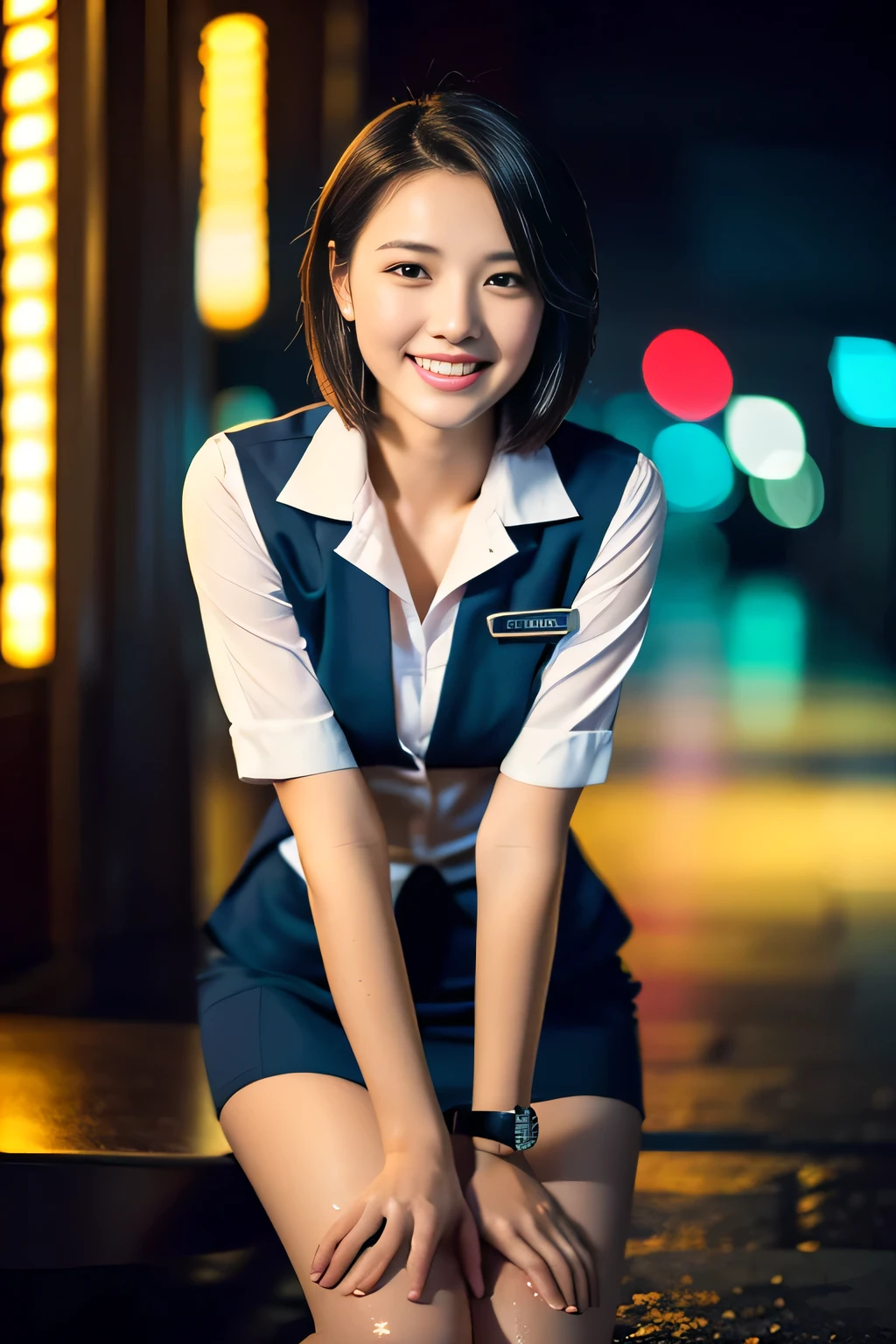 (a gorgeous lady,  21, Flight Attendant uniform, Shenzhen Airlines Stewardess, wet white shirt, wet red mini-skirt, kneeling in the Millennium Falcon, dimpled smile, short ponytai hair, short bob hair, cute snaggleteeth, well-endowed round bosom, long flawless legs, photorealistic, beautiful detailed eyes, beautiful detailed face, hyper-realism, high contrast, ultra HD, realistic skin textures, top image quality, top-quality, super high resolution, fine details, very meticulously, close-up shot, head to thigh, romantic night, dark bokeh background)