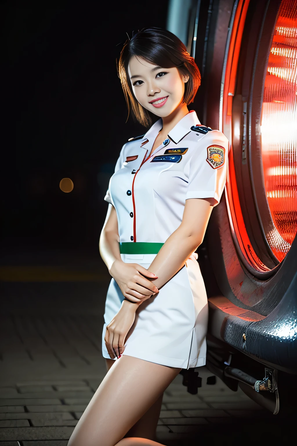 (a gorgeous lady, age 21, Flight Attendant uniform, Shenzhen Airlines Stewardess, wet white shirt, wet red mini-skirt, kneeling in the Millennium Falcon, dimpled smile, short ponytai hair, short bob hair, cute snaggleteeth, well-endowed round bosom, long flawless legs, photorealistic, beautiful detailed eyes, beautiful detailed face, hyper-realism, high contrast, ultra HD, realistic skin textures, top image quality, top-quality, super high resolution, fine details, very meticulously, close-up shot, head to thigh, romantic night, dark bokeh background)