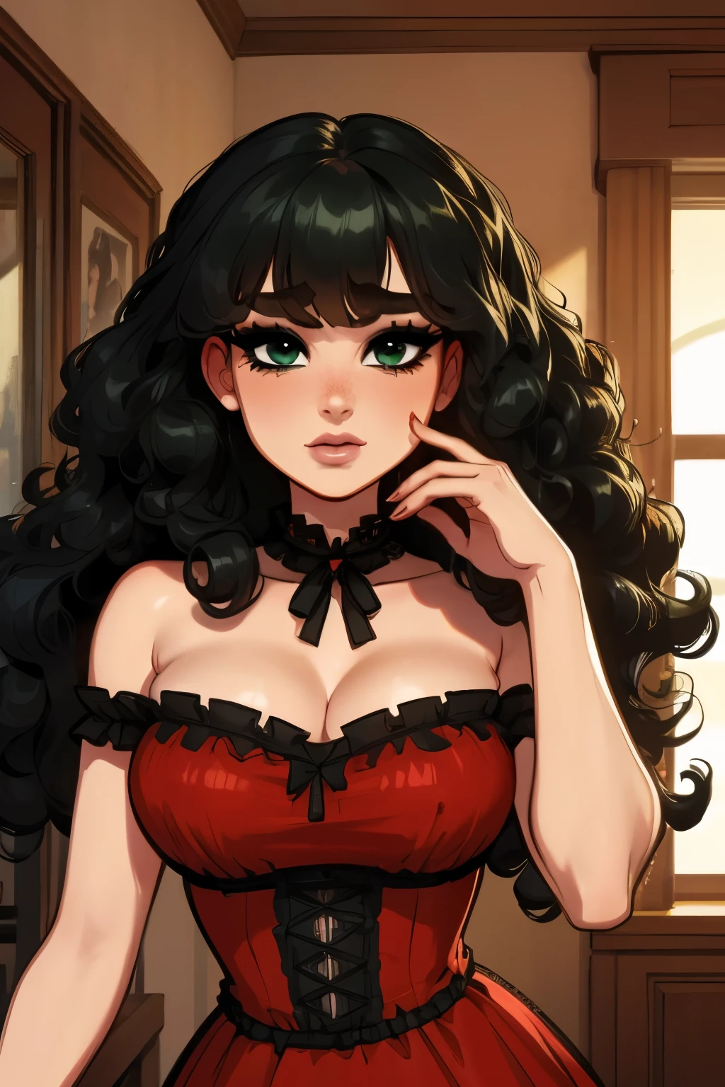 One girl, curly_hair, afro_hair, black_hair, long_hair, bangs, beautifull_face, detailed_face, pecas, slanted_eyes, slim_face, green_eyes, red_dress, princess_dress, neckline, victorian_dress,