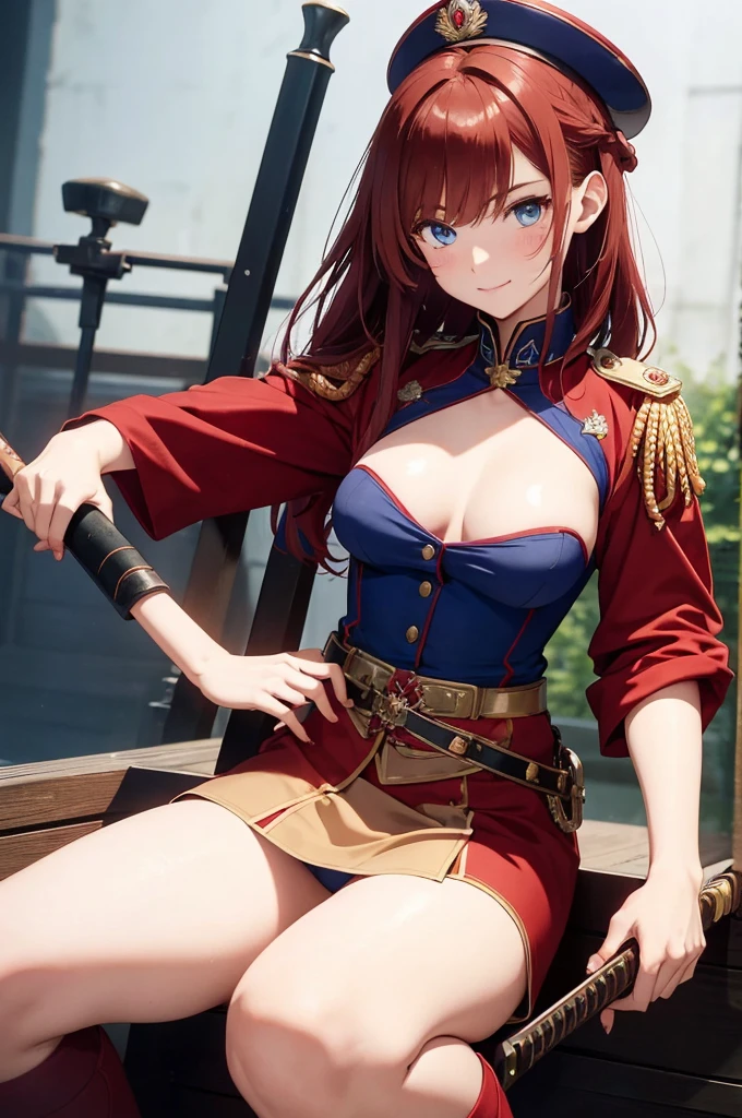 8K High Resolution、(((masterpiece)))、Anime Art、20 year old beauty、Fearless smile、Redhead short cut、167㎝、Small breasts、Blue Eyes、Imposing eyebrows、(((crimson military uniform)))、Vienna in the late 19th century、Austrian Army Officer、Silver rose ornament on chest、Beige knee-length skirt、Black boots、A Japanese sword hangs from his waist