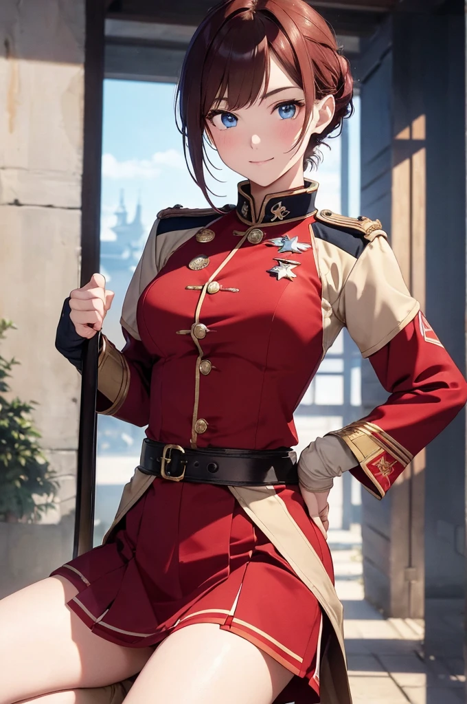 8K High Resolution、(((masterpiece)))、Anime Art、20 year old beauty、Fearless smile、Redhead short cut、167㎝、Small breasts、Blue Eyes、Imposing eyebrows、(((crimson military uniform)))、Vienna in the late 19th century、Austrian Army Officer、Silver rose ornament on chest、Beige knee-length skirt、Black boots、A Japanese sword hangs from his waist