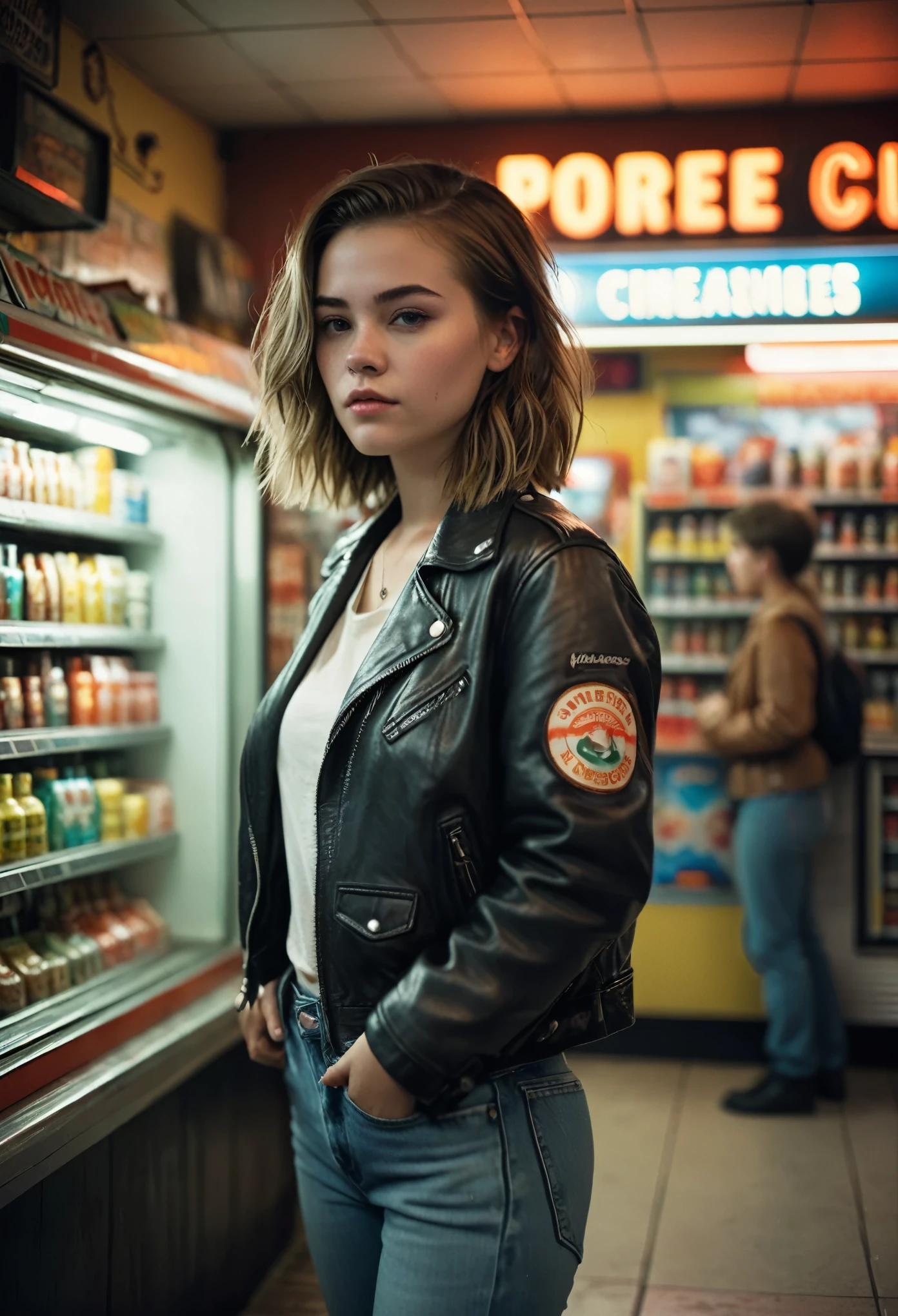 full body photo of a 23 year old Dutch woman, undercut hairstyle, tee, leather jacket, jeans, 80s convenience store, very detailed, atmospheric haze, film grain, cinematic film still, shallow depth of field, highly detailed, high budget, cinemascope, moody, epic, gorgeous, 2000s vintage RAW photo, photorealistic, color graded cinematic, eye catchlights, atmospheric lighting, skin pores, imperfections, natural, shallow dof