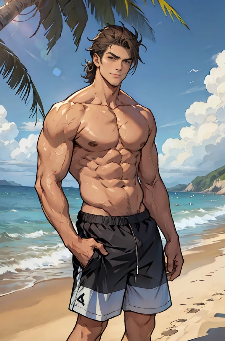 Very tall man, beach shorts, at beach, perfectbody, sexy man 