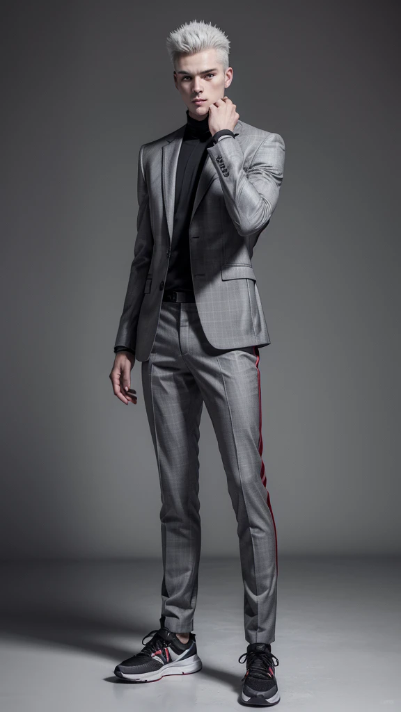 A literally white boy with spiky gray hair, with a full face theather without expression in your face, wearing a black and gray suit, with a red glove on his right hand, with gray pants with black details and black sneakers, full bodied, full body view, full white background, highly detailed 