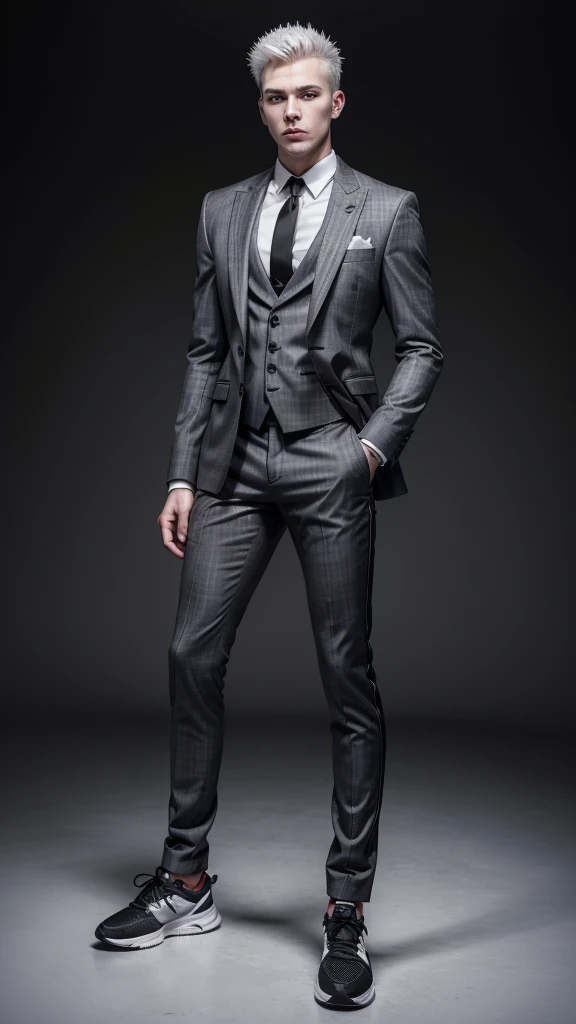 A literally white boy with spiky gray hair, with a full face theather without expression in your face, wearing a black and gray suit, with a red glove on his right hand, with gray pants with black details and black sneakers, full bodied, full body view, full white background, highly detailed 