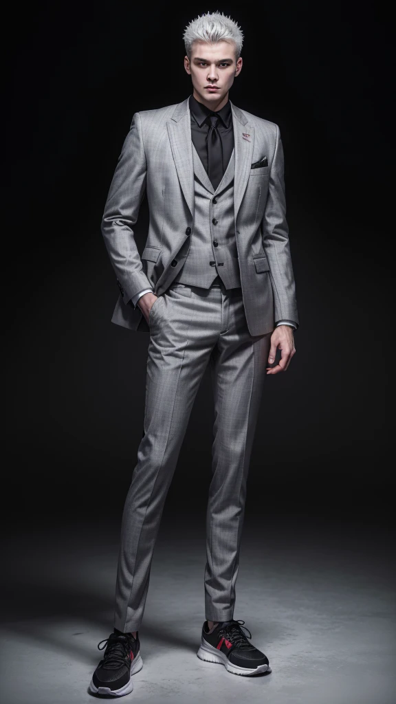 A literally white boy with spiky gray hair, with a full face theather without expression in your face, wearing a black and gray suit, with a red glove on his right hand, with gray pants with black details and black sneakers, full bodied, full body view, full white background, highly detailed