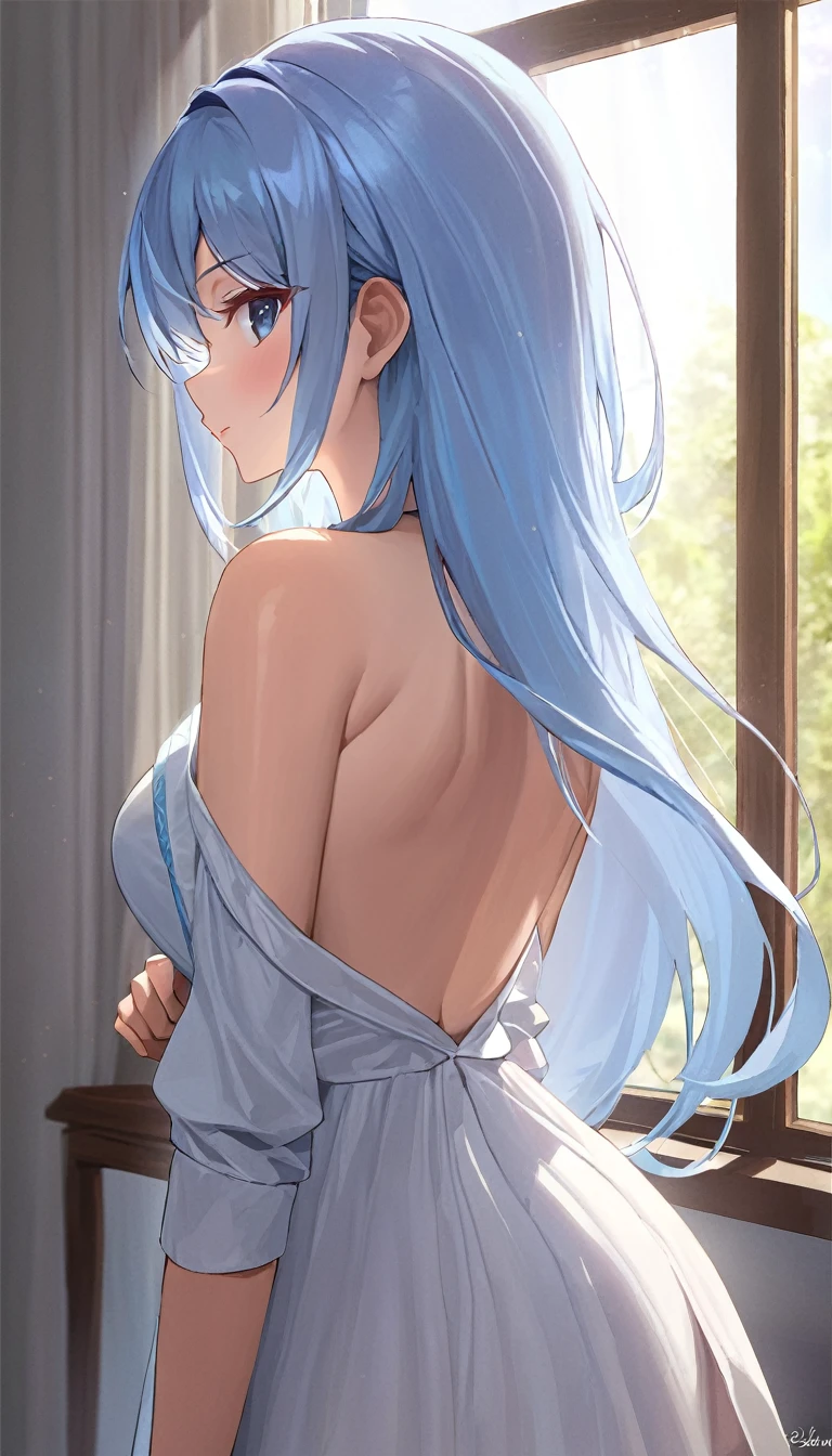 (masterpiece, best quality:1.2), 1girl, solo, Kaslin, light blue hair, back view