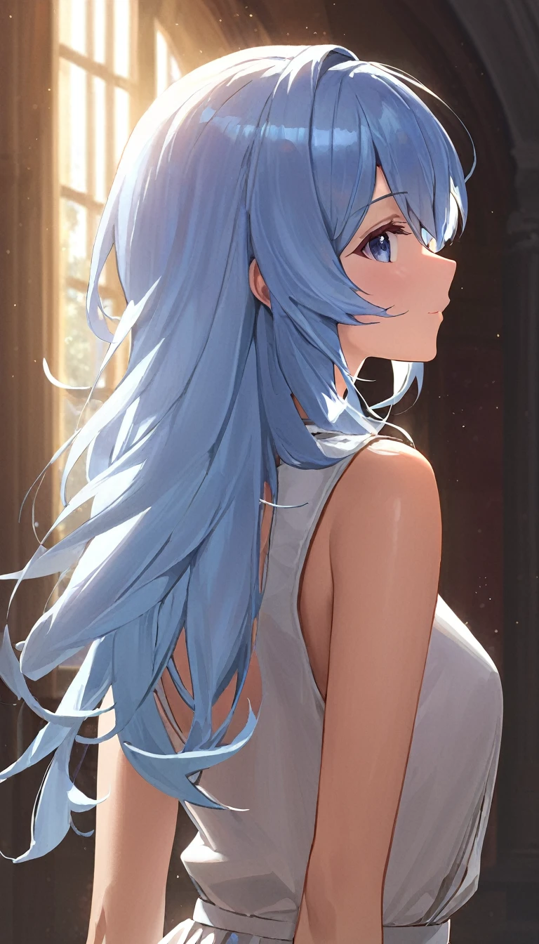 (masterpiece, best quality:1.2), 1girl, solo, Kaslin, light blue hair, back view