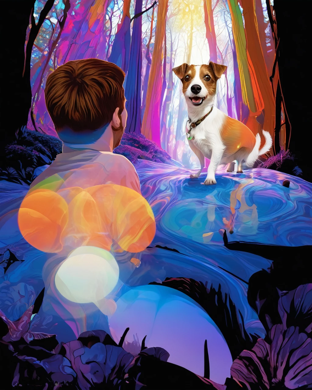 a white and tan jack russell terrier named George ate all of his owner's psychedelic psilocybin mushrooms and now he finds himself tripping BALLS on a wacky wild adventure with his new best friend who happens to be a brown and white GOAT named Kevin, digital illustration, holographic, firey, fire, photorealistic, whimsical, colourful lighting, wide angle lens, slow shutter speed