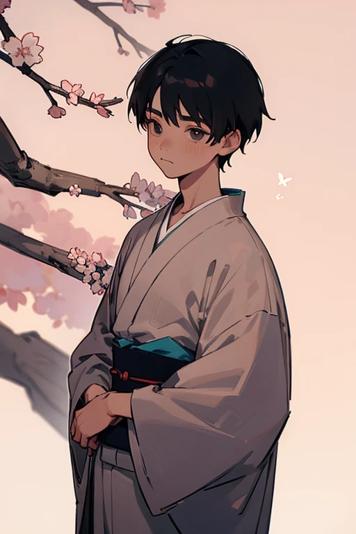15 year old boy with black hair and gray eyes dressed in a cherry blossom kimono