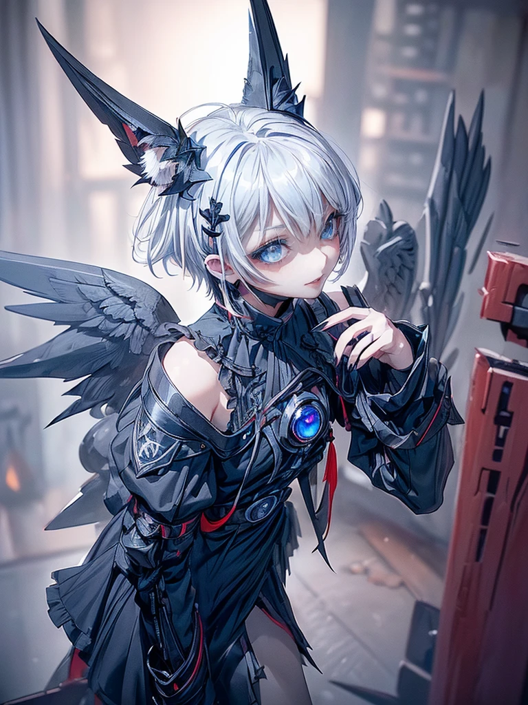 In a completely different expression、((4K Workasterpiece、（Highest quality)、((high resolution))、((Beautiful woman))、The body is slim、((Black shirt fashion))、(Beautiful eyes in every detail)、A crow with a fantastic city in the background、((Similar to Chaewon from Le Seraphim))、((Short-haired))、((Light silver hair))、((Makes your face smaller))、((Neutral face))、((Bright Blue Eyes))、((Korean women))、((18-year-old))、((Wild Lady))、((Wild look))、((Laughing with fangs bared))、((Korean style makeup with black eyeshadow))、((elongated and sharp eyes))、((Shot alone))、((fallen Angel))、((fallen Angel Woman))、fallen Angelの写真、Villain、((Amazing photo))、Photograph so that the whole body is visible、Horror、((There is a crow on the right shoulder))、Dark Proof、((Shooting from an oblique angle))