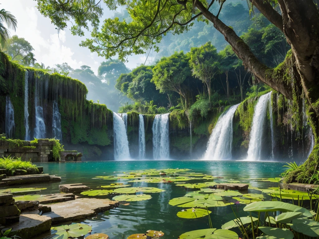 ((Top Quality)),((Excellent)),((High Resolution)),Ancient ruins found deep in the jungle,There is a large waterfall,Aquatic plants are floating in the pond,