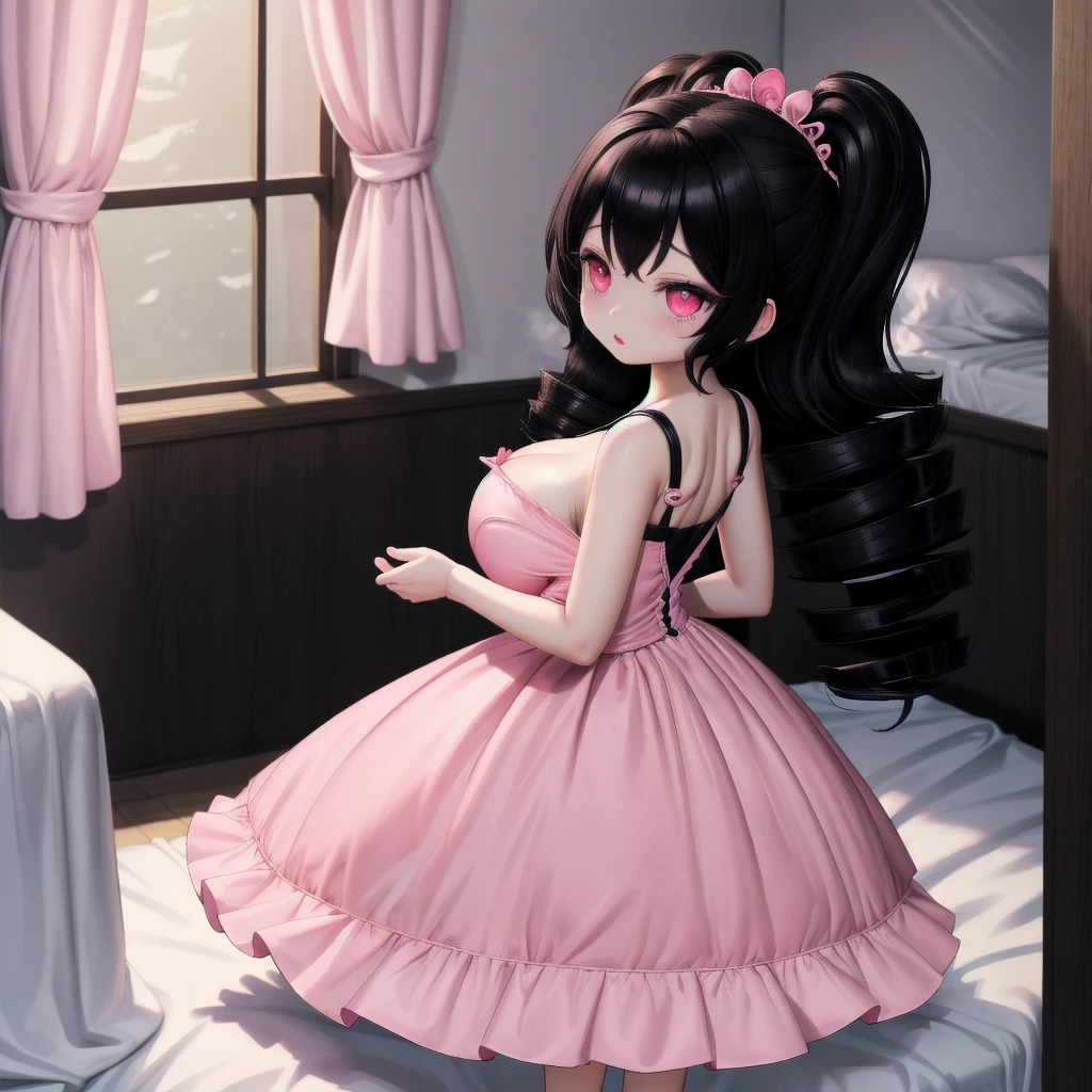 black hair, female, twin drills, solo, smol, pink eyes, massive breasts, very long hair, wear night dress, bedroom, night time, masterpiece, ultra high quality