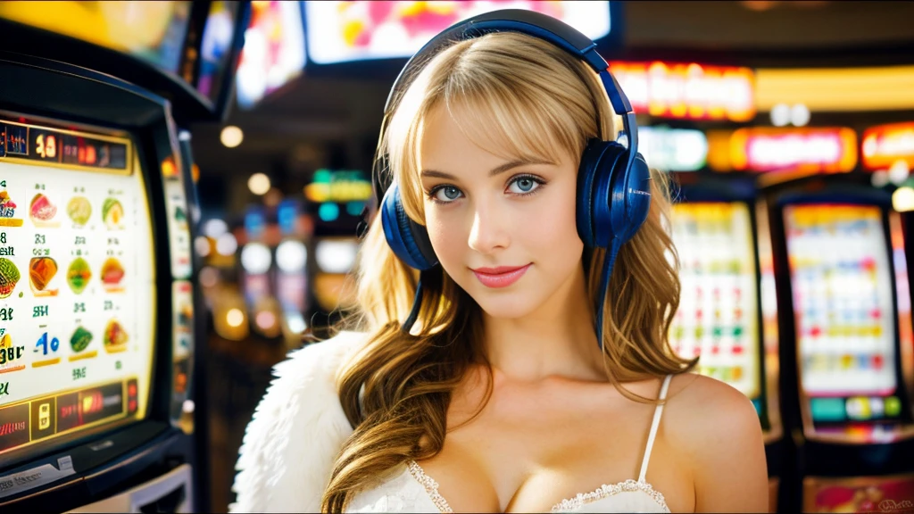 Beautiful blonde with big breasts in a bunny girl outfit (Playing in a Las Vegas casino),Wearing headphones,Very detailed, 21 years old, Innocent face, Naturally Wavy Hair, blue eyes, High resolution, masterpiece, Highest quality, Intricate details, Very detailed, Clear focus, Delicate skin, practical skin texture, texture, Delicate eyes, Professional, 4K, Cute Smile, Shot with Canon, 85mm, Shallow and deep,  Kodak Vision Color, Exactly, Very detailed, photograph_\(Extremist\), photographpractical, practical, Post-processing, Maximum details, Roughness, Real Life, Extremist practical, Photorealism, photographgraphy, 8K Ultra HD, photographgraphy