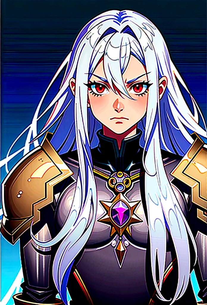 ((best quality)), ((masterpiece)), (detailed), ((boy)),, (dungeonpunk), (steampunk), half-drow, portrait, red eyes, long white hair, Xemnas from Kingdom Hearts, half-drow, brown skin with a purple hue, (full knight armor), paladin, serious faces, by Kinema Citrus