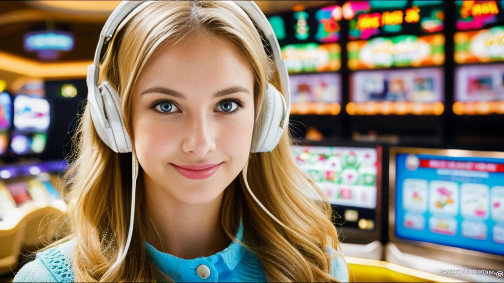 Beautiful blonde with big breasts in a bunny girl outfit (Playing in a Las Vegas casino),Wearing headphones,Very detailed, 21 years old, Innocent face, Naturally Wavy Hair, blue eyes, High resolution, masterpiece, Highest quality, Intricate details, Very detailed, Clear focus, Delicate skin, practical skin texture, texture, Delicate eyes, Professional, 4K, Cute Smile, Shot with Canon, 85mm, Shallow and deep,  Kodak Vision Color, Exactly, Very detailed, photograph_\(Extremist\), photographpractical, practical, Post-processing, Maximum details, Roughness, Real Life, Extremist practical, Photorealism, photographgraphy, 8K Ultra HD, photographgraphy