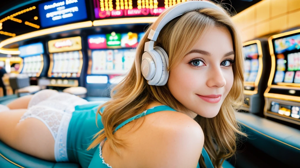 Beautiful blonde with big breasts in a bunny girl outfit (Playing in a Las Vegas casino),Wearing headphones,Very detailed, 21 years old, Innocent face, Naturally Wavy Hair, blue eyes, High resolution, masterpiece, Highest quality, Intricate details, Very detailed, Clear focus, Delicate skin, practical skin texture, texture, Delicate eyes, Professional, 4K, Cute Smile, Shot with Canon, 85mm, Shallow and deep,  Kodak Vision Color, Exactly, Very detailed, photograph_\(Extremist\), photographpractical, practical, Post-processing, Maximum details, Roughness, Real Life, Extremist practical, Photorealism, photographgraphy, 8K Ultra HD, photographgraphy