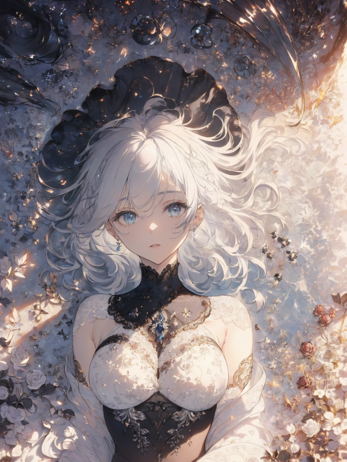 (Landscape photo, with a woman in the bottom right of photo:1.5, in white garden:1.5), Masterpiece, best quality, (very detailed CG unity 8k wallpaper), (best quality), High definition RAW color art, Animation,sculptures, (black Marble Skin), (((Ultra detailed elegant))), Magical atmosphere, Detailed skin, Texture,(Intricately detailed, Fine detail, ultra-detail art), depth of fields, Bokeh, Silky Touch, Hyper Detail, beautiful eyes, elegant face, (lying on floor, upper body focus), sparkle background, enormous breast:1.3, (silver hair), pure white, pose, muscle, embarrassing face, rose, light