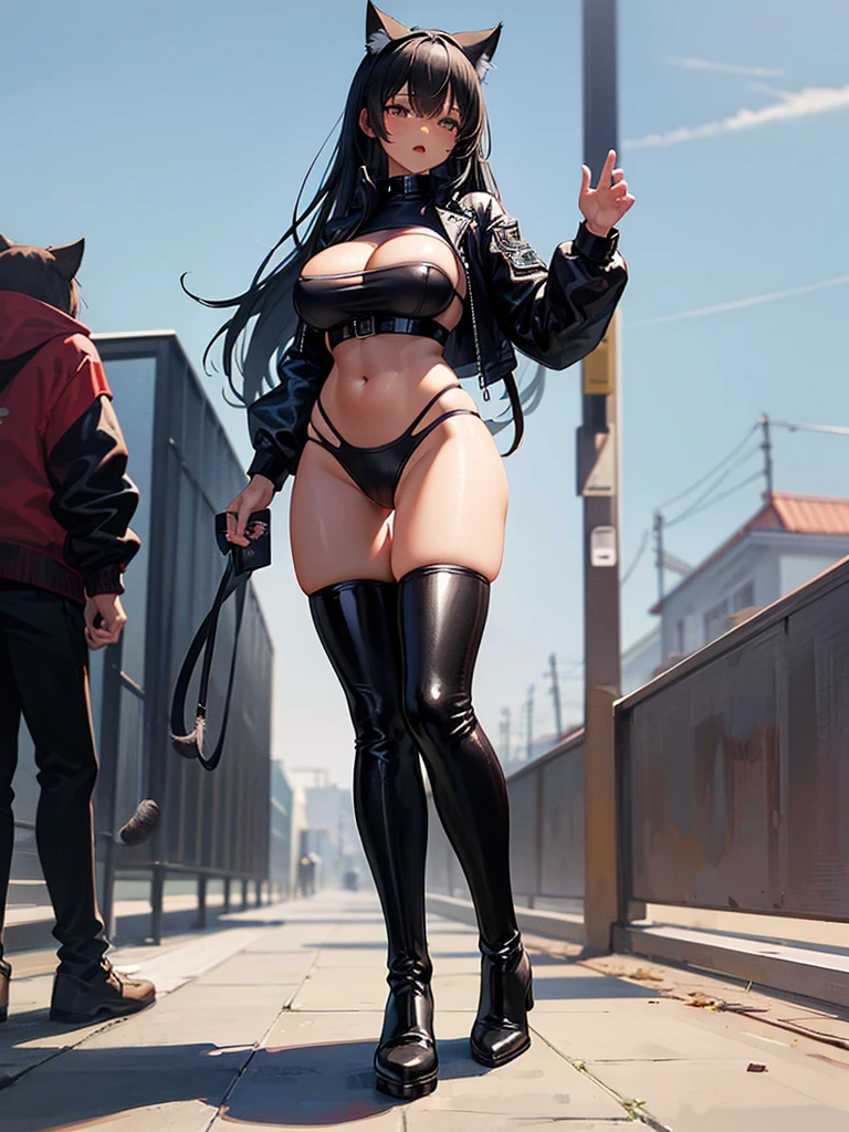 Alone black woman // Dark skin woman // big breasts (G cup) // long hair // cat ears // cat tail // full body // muscular woman // sports swimsuit // leather jacket // high boots 