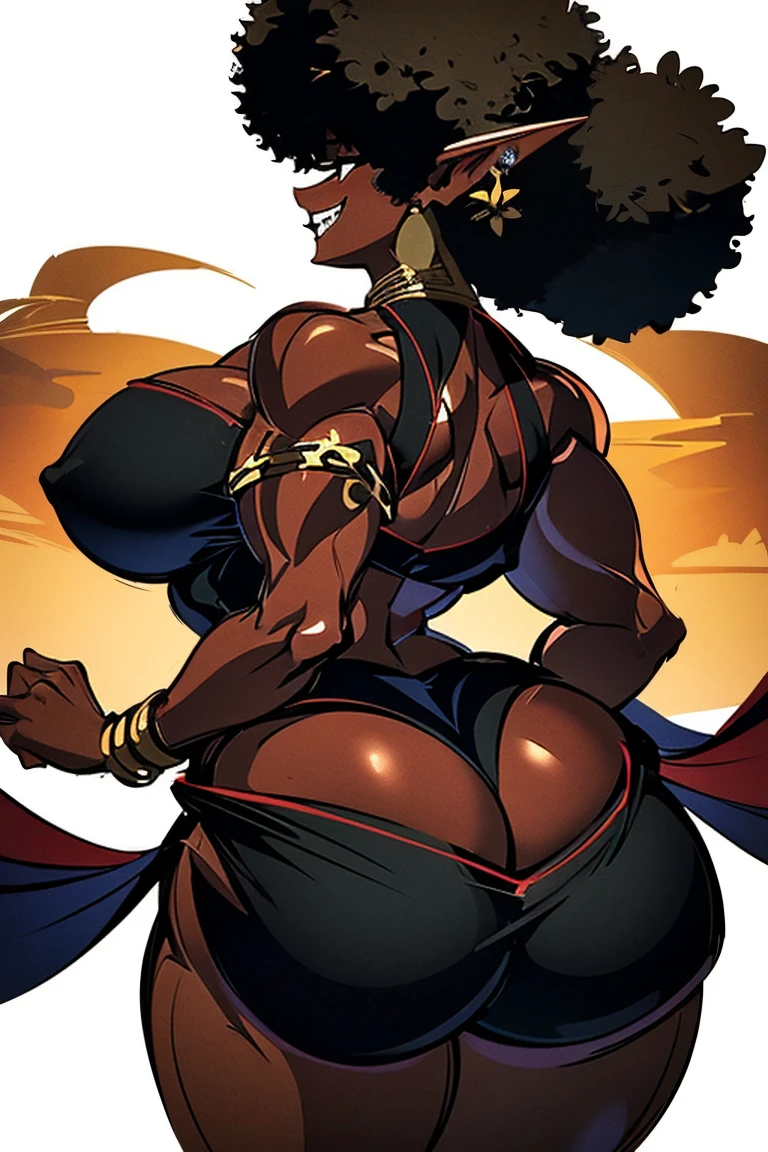 (masterpiece, best quality:1.2),1 girl, voluptuous body, full body, masterpiece, nt pose, good anatomy, no extra limbs, big ass, tk thighs, black hair, voluminous afro, pointy ears, gold earrings, black top with red details, black skirt with red details, gold necklaces big butt rearw