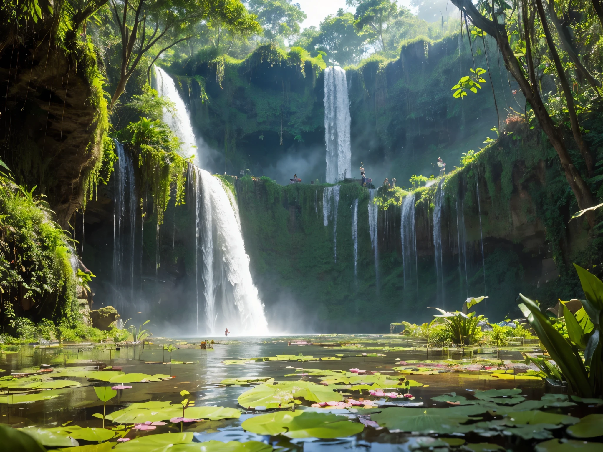 ((Top Quality)),((Excellent)),((High Resolution)),Ancient ruins found deep in the jungle,There is a large waterfall,Aquatic plants are floating in the pond,