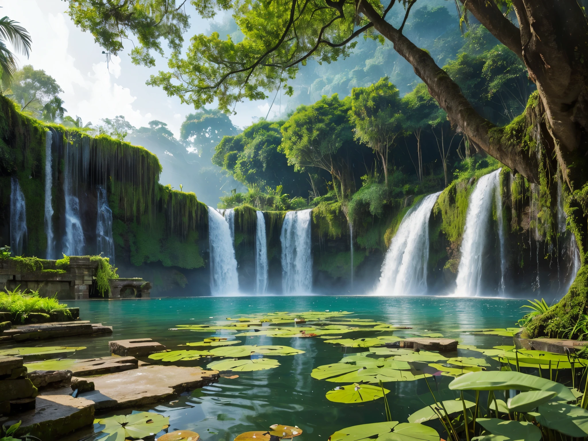 ((Top Quality)),((Excellent)),((High Resolution)),Ancient ruins found deep in the jungle,There is a large waterfall,Aquatic plants are floating in the pond,
