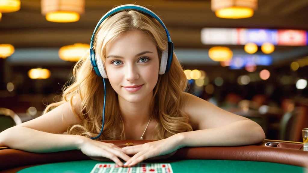 Beautiful blonde with big breasts in a dress (Playing poker in a Las Vegas casino),Wearing headphones,Very detailed, 21 years old, Innocent face, Naturally Wavy Hair, blue eyes, High resolution, masterpiece, Highest quality, Intricate details, Very detailed, Clear focus, Delicate skin, practical skin texture, texture, Delicate eyes, Professional, 4K, Cute Smile, Shot with Canon, 85mm, Shallow and deep, Kodak Vision Color, Exactly, Very detailed, photograph_\(Extremist\), photographpractical, practical, Post-processing, Maximum details, Roughness, Real Life, Extremist practical, Photorealism, photographgraphy, 8K Ultra HD, photographgraphy