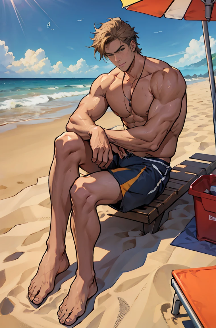 Very tall man, beach shorts, at beach, perfectbody, sexy man, sitting in the sand 