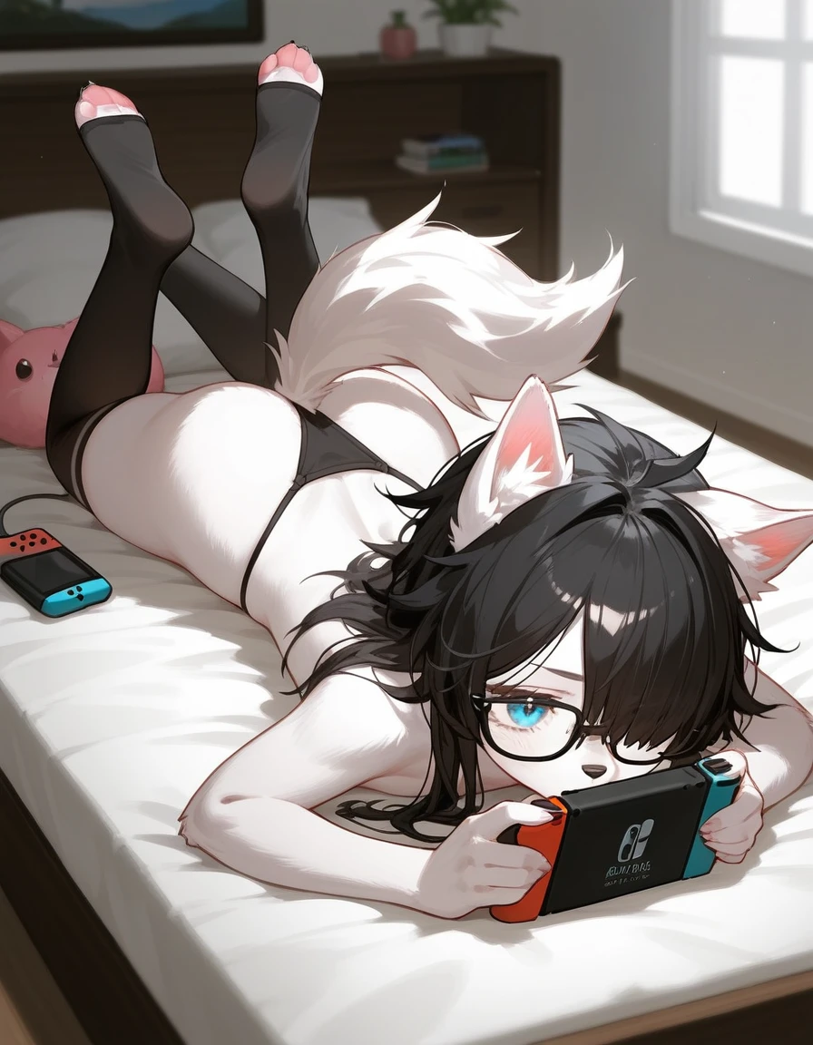 Solo, score_9,score_8_up,score_7_up, a young nerdy Anthro furry wolf woman, white furry body, tall, long black messy hair, hair covering one eye, long bangs, long black hair, blue eyes, black glasses, small breasts, white wolf tail, topless, wearing only black thong, thigh high socks with exposed toes, bored expression, eyes half open, lying on a bed, lying on her stomach, feet up, holding a Nintendo switch, looking at Nintendo switch, barefoot, 4 toes, feet paws, pink paw pads,