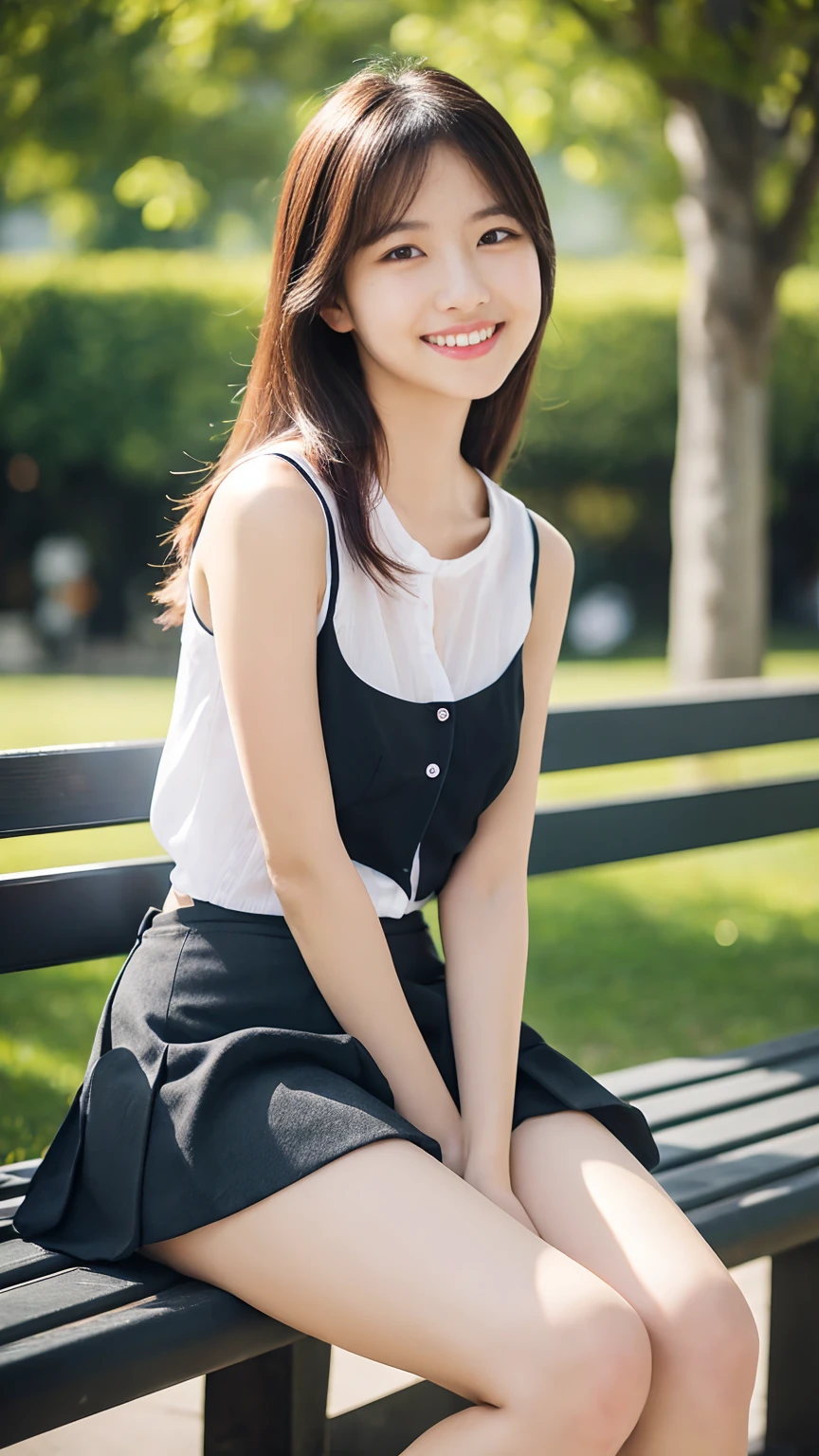 Japanese office lady、Sleeveless Shirt、lunch、sitting on a park bench、smile、Tight mini skirt、masterpiece,best quality,ultra detailed,highres,high-resolution,4K,realistic,RAW photo,((real person)),portrait photography,photorealistic,detailed skin,(delicate black eyes ), A soothing woman with sagging eyes,Calm and calm, middle hair,skinny,clothing,The wind is blowing,tareme、Beautiful legs、Small shirt、Panty shot、((Knees are higher than hips))、White shorts、Bend your knees、Knee Up、(huge breasts)