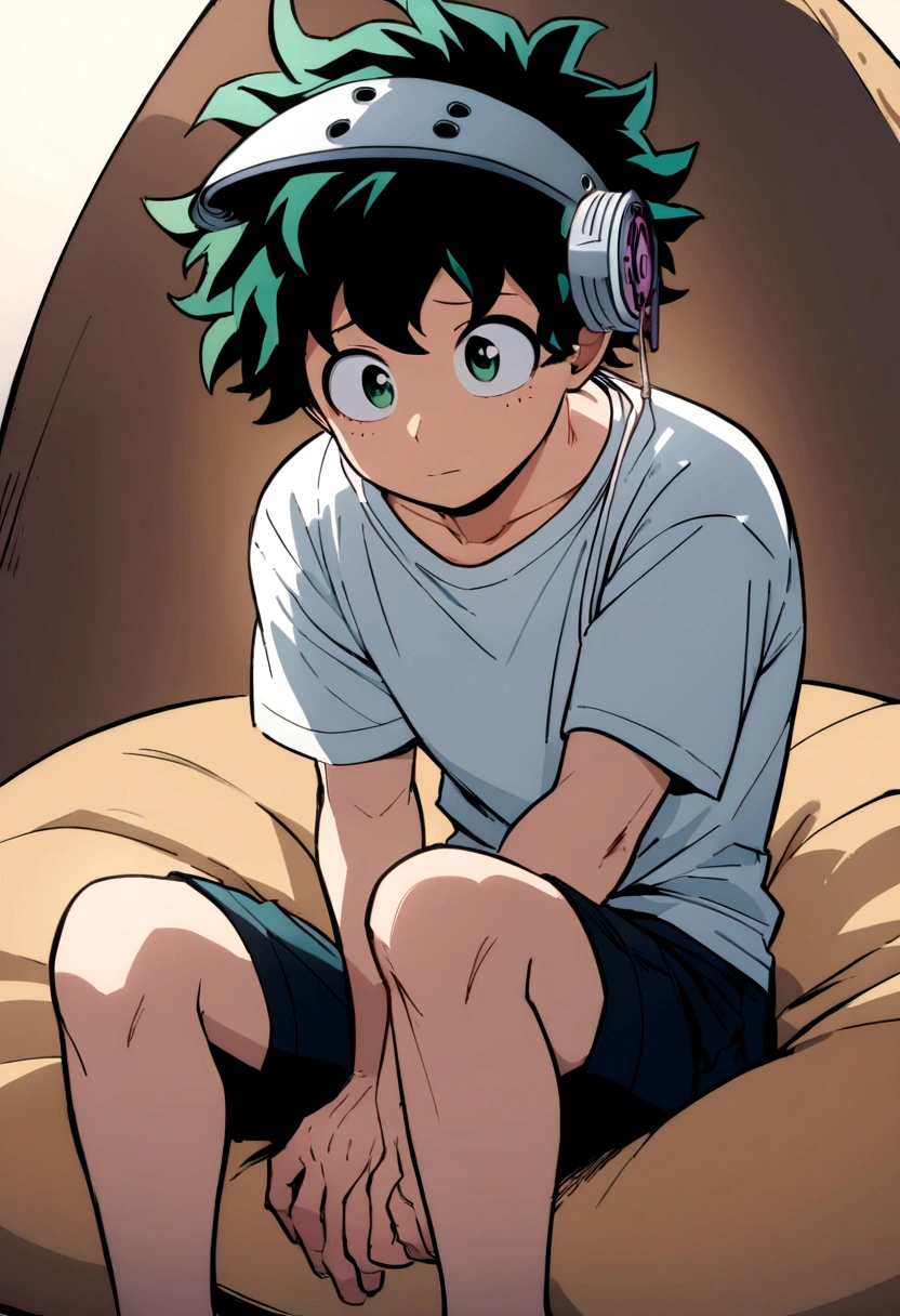 (masterpiece, best quality:1.2), solo, male focus, 1boy, midoriya izuku, short green hair, green eyes, white t-shirt, black shorts, domed helmet with visor covering eyes, mind control device, vacant expression, mouth hanging open, sitting in bean bag, sitting upright, anime style, my hero academia style