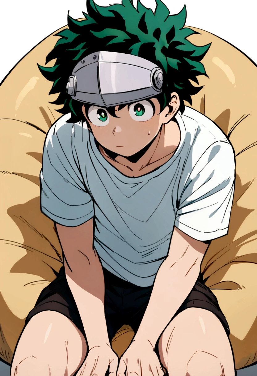 (masterpiece, best quality:1.2), solo, male focus, 1boy, midoriya izuku, short green hair, green eyes, white t-shirt, black shorts, domed helmet with visor covering eyes, mind control device, vacant expression, mouth hanging open, sitting in bean bag, sitting upright, anime style, my hero academia style