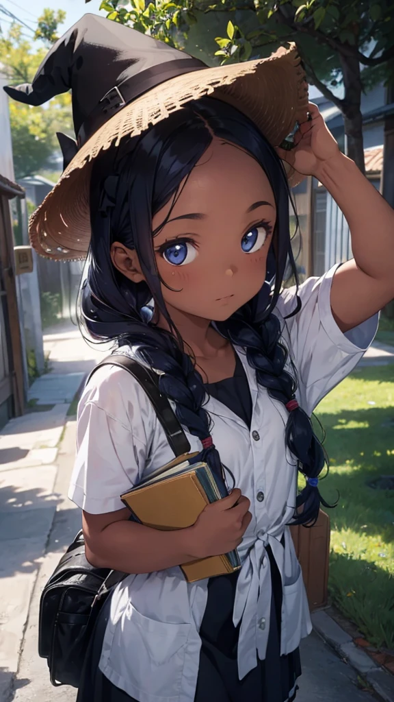 uma garota negra, with dark blue braids, he used his eyes, carrying books, in witch uniform