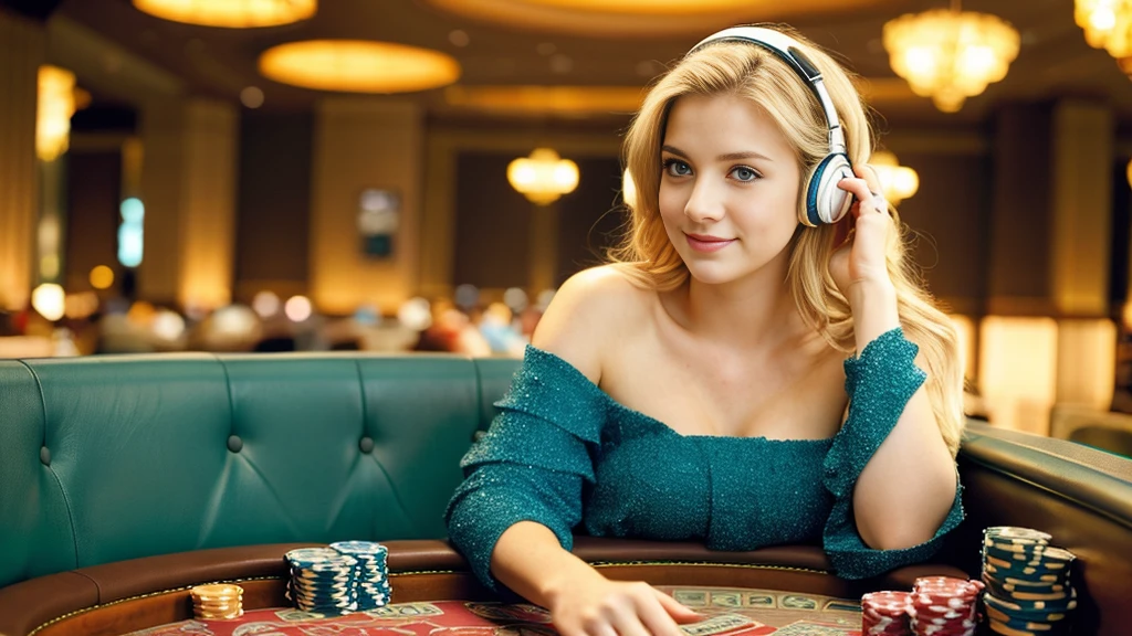 Beautiful blonde with big breasts in a dress (Playing poker in a Las Vegas casino),Wearing headphones,Very detailed, 21 years old, Innocent face, Naturally Wavy Hair, blue eyes, High resolution, masterpiece, Highest quality, Intricate details, Very detailed, Clear focus, Delicate skin, practical skin texture, texture, Delicate eyes, Professional, 4K, Cute Smile, Shot with Canon, 85mm, Shallow and deep, Kodak Vision Color, Exactly, Very detailed, photograph_\(Extremist\), photographpractical, practical, Post-processing, Maximum details, Roughness, Real Life, Extremist practical, Photorealism, photographgraphy, 8K Ultra HD, photographgraphy
