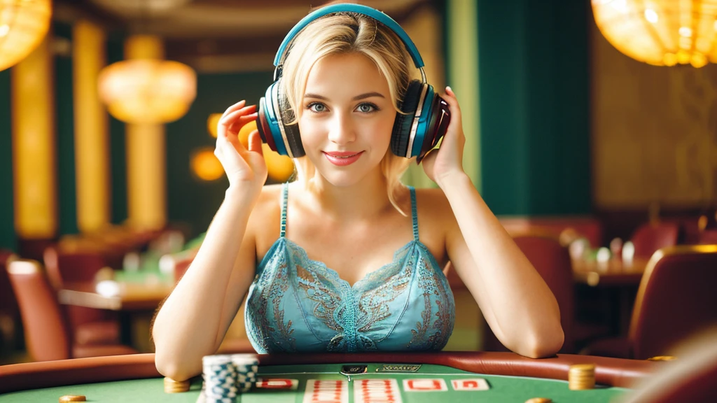 Beautiful blonde with big breasts in a dress (Playing poker in a Las Vegas casino),Wearing headphones,Very detailed, 21 years old, Innocent face, Naturally Wavy Hair, blue eyes, High resolution, masterpiece, Highest quality, Intricate details, Very detailed, Clear focus, Delicate skin, practical skin texture, texture, Delicate eyes, Professional, 4K, Cute Smile, Shot with Canon, 85mm, Shallow and deep, Kodak Vision Color, Exactly, Very detailed, photograph_\(Extremist\), photographpractical, practical, Post-processing, Maximum details, Roughness, Real Life, Extremist practical, Photorealism, photographgraphy, 8K Ultra HD, photographgraphy