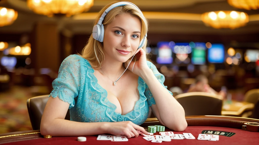 Beautiful blonde with big breasts in a dress (Playing poker in a Las Vegas casino),Wearing headphones,Very detailed, 21 years old, Innocent face, Naturally Wavy Hair, blue eyes, High resolution, masterpiece, Highest quality, Intricate details, Very detailed, Clear focus, Delicate skin, practical skin texture, texture, Delicate eyes, Professional, 4K, Cute Smile, Shot with Canon, 85mm, Shallow and deep, Kodak Vision Color, Exactly, Very detailed, photograph_\(Extremist\), photographpractical, practical, Post-processing, Maximum details, Roughness, Real Life, Extremist practical, Photorealism, photographgraphy, 8K Ultra HD, photographgraphy