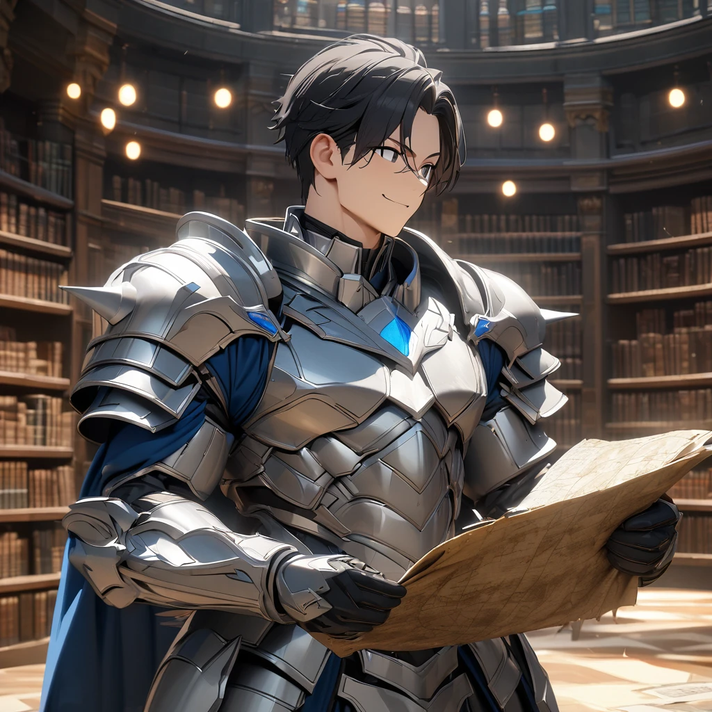 Gray fullbuster wearing heavy silver armor with blue details, blue cape, holding a completely worn old map, with fantasy aesthetics, in an old library, standing, black hair, black eyes, muscular, smiling face., UHD, masterpiece, accurate, anatomically correct, textured skin, super detail, high quality, best quality, 8k, high resolution, bokeh effect.
