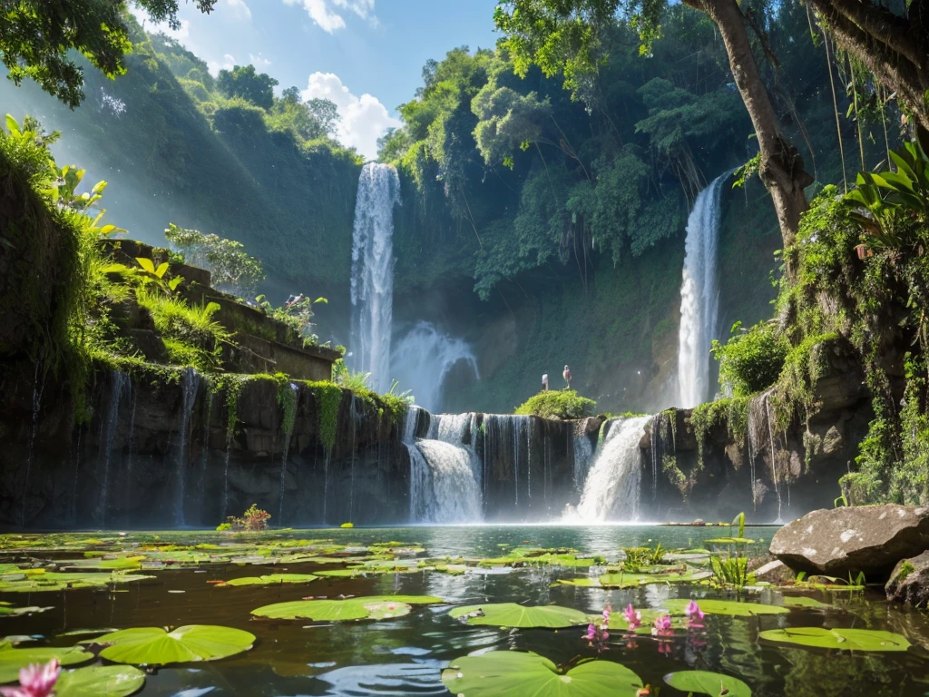 ((Top Quality)),((Excellent)),((High Resolution)),Ancient ruins found deep in the jungle,There is a large waterfall,Aquatic plants are floating in the pond,