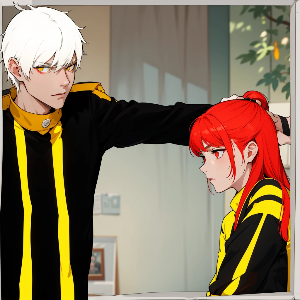 There is a boy with white hair, yellow eyes and a girl with red hair and red eyes, they are talking seriously, worried about an important delicate topic.