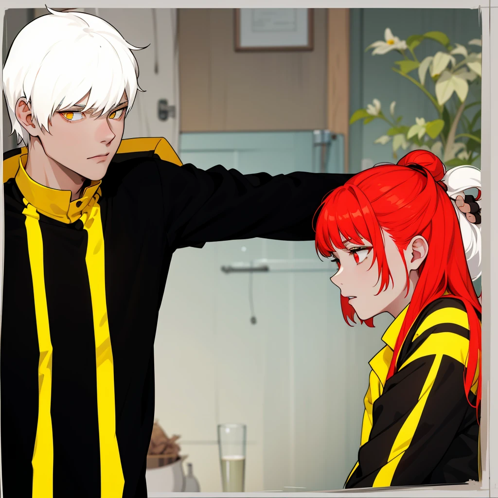 There is a boy with white hair, yellow eyes and a girl with red hair and red eyes, they are talking seriously, worried about an important delicate topic.
