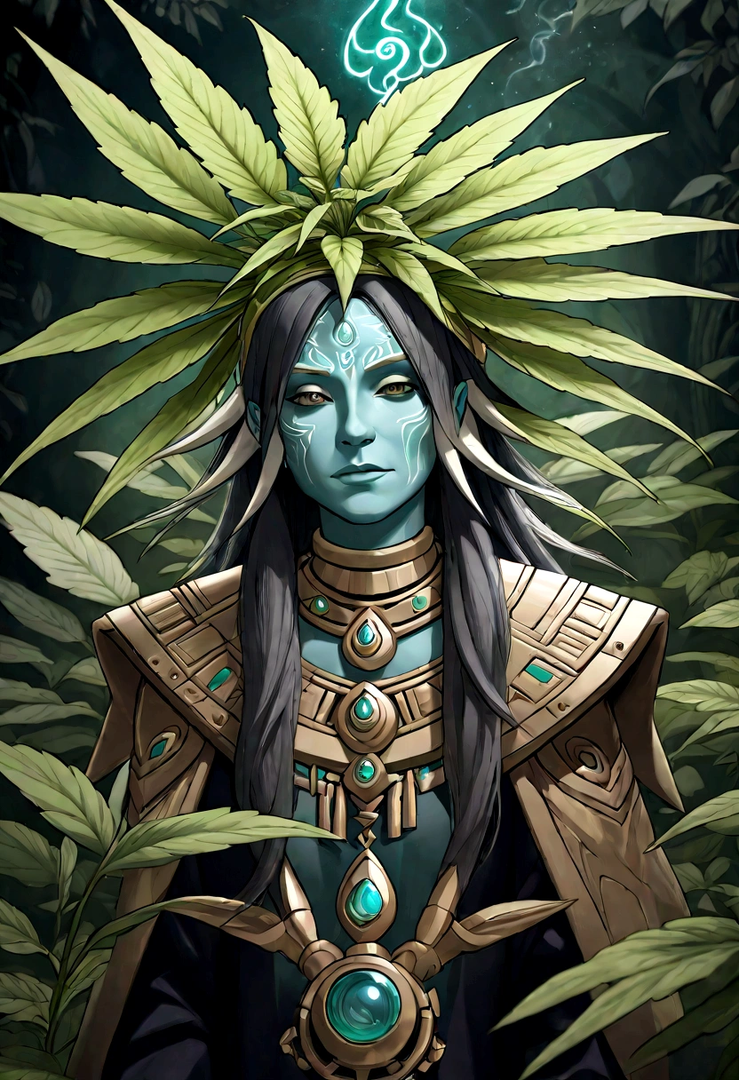 a mysterious old shaman, cannabis plantation, cannabis leaves, natural weed controller, mystical, a legend, (best quality,4k,8k,highres,masterpiece:1.2),ultra-detailed,(realistic,photorealistic,photo-realistic:1.37),intricate details, vibrant colors, dramatic lighting, chiaroscuro lighting, moody atmosphere, dark fantasy, cinematic composition, volumetric lighting, magical realism, mystical plants, mystical symbols, occult, esoteric, spiritual, shamanic, psychedelic, ethereal, surreal