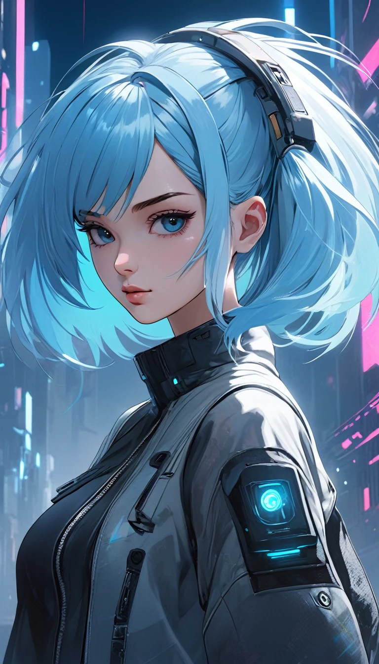 (masterpiece, best quality:1.2), 1girl, solo, Kaslin, light blue hair, cyberpunk