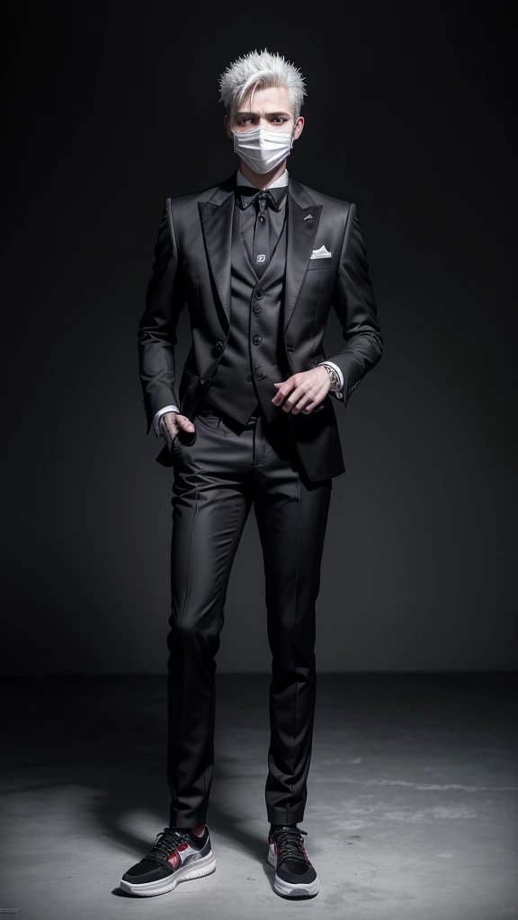 A literally white boy with spiky black hair, with a black Theatrical mask , wearing a black and gray suit, with a red glove on his right hand, with gray pants with black details and black sneakers, full bodied, full body view, full white background, highly detailed 
