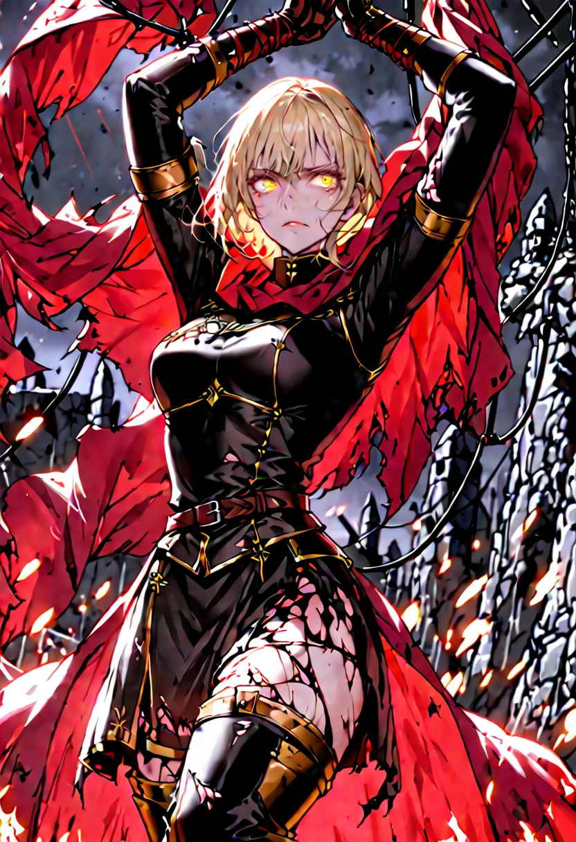Solo, female, sfw, short blonde hair, extremely tall, large woman, golden eyes, black military uniform, red cape, battlefield, muscular, leather gloves, armor, night, medieval, torn clothes showing skin, defeated andon the ground, close up, hateful frown, arms above head, thigh boots , bound hands and strung up, wounded