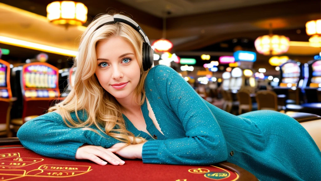 Beautiful blonde with big breasts in a long dress (Resting at a casino in Las Vegas),Wearing headphones,Very detailed, 21 years old, Innocent face, Naturally Wavy Hair, blue eyes, High resolution, masterpiece, Highest quality, Intricate details, Very detailed, Clear focus, Delicate skin, practical skin texture, texture, Delicate eyes, Professional, 4K, Cute Smile, Shot with Canon, 85mm, Shallow and deep, Kodak Vision Color, Exactly, Very detailed, photograph_\(Extremist\), photographpractical, practical, Post-processing, Maximum details, Roughness, Real Life, Extremist practical, Photorealism, photographgraphy, 8K Ultra HD, photographgraphy