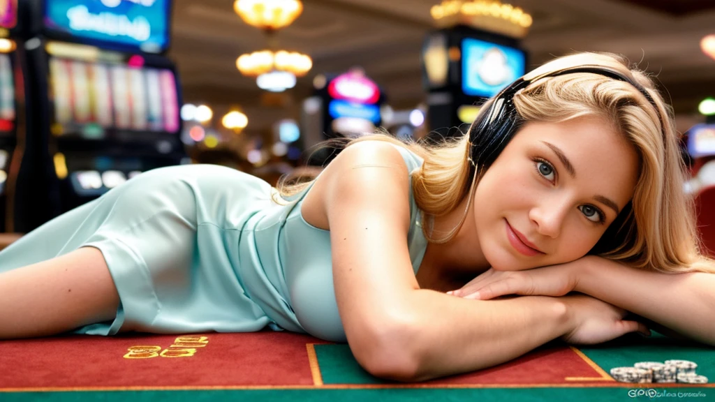 Beautiful blonde with big breasts in a dress (Playing poker in a Las Vegas casino),Wearing headphones,Very detailed, 21 years old, Innocent face, Naturally Wavy Hair, blue eyes, High resolution, masterpiece, Highest quality, Intricate details, Very detailed, Clear focus, Delicate skin, practical skin texture, texture, Delicate eyes, Professional, 4K, Cute Smile, Shot with Canon, 85mm, Shallow and deep, Kodak Vision Color, Exactly, Very detailed, photograph_\(Extremist\), photographpractical, practical, Post-processing, Maximum details, Roughness, Real Life, Extremist practical, Photorealism, photographgraphy, 8K Ultra HD, photographgraphy