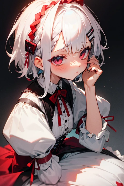 Short white hair, blush, Gothic Lolita、Punk Fashion、Headbang 2.、White and red clothes、Braiding、2 hair clips、