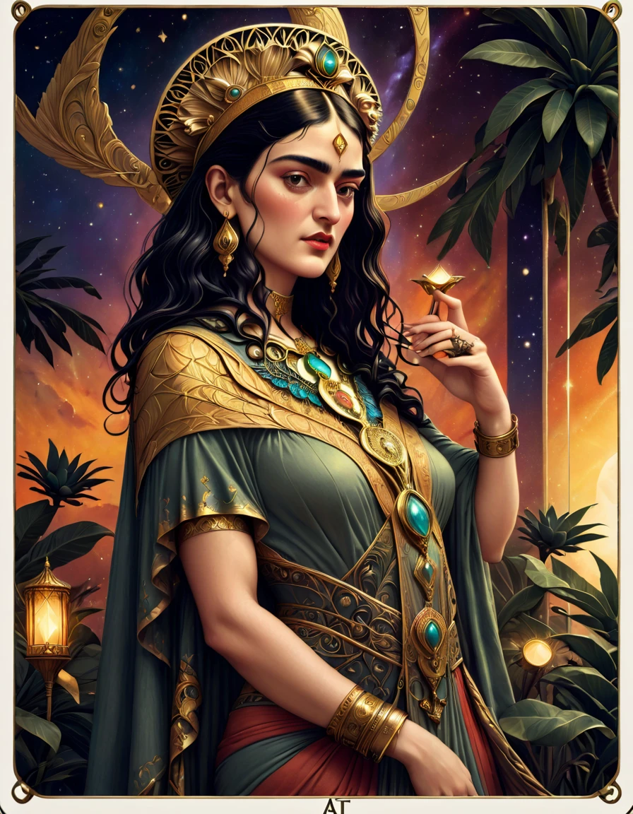 Frida Kahlo as a Tarot Card: score_9, score_8_up, score_7_up, score_6_up, score_5_up, [ ACOCleopatra],[Black Hair],Cleopatra from Assassin's Creed Origins,[Jewelry],[ancient Egypt],4k,sharp image,detailed, sexy, extremely detailed artgerm, (masterpiece, best quality:1.2), (insanely detailed, beautiful detailed, masterpiece, best quality), (insanely detailed, masterpiece, best quality) of tarot cards, a touch of Frida's signature artistic flair. (best quality, highres, vivid colors, photorealistic, artistic interpretation, detailed portrait), surreal tarot card, Frida Kahlo as a goddess in the tarot deck.