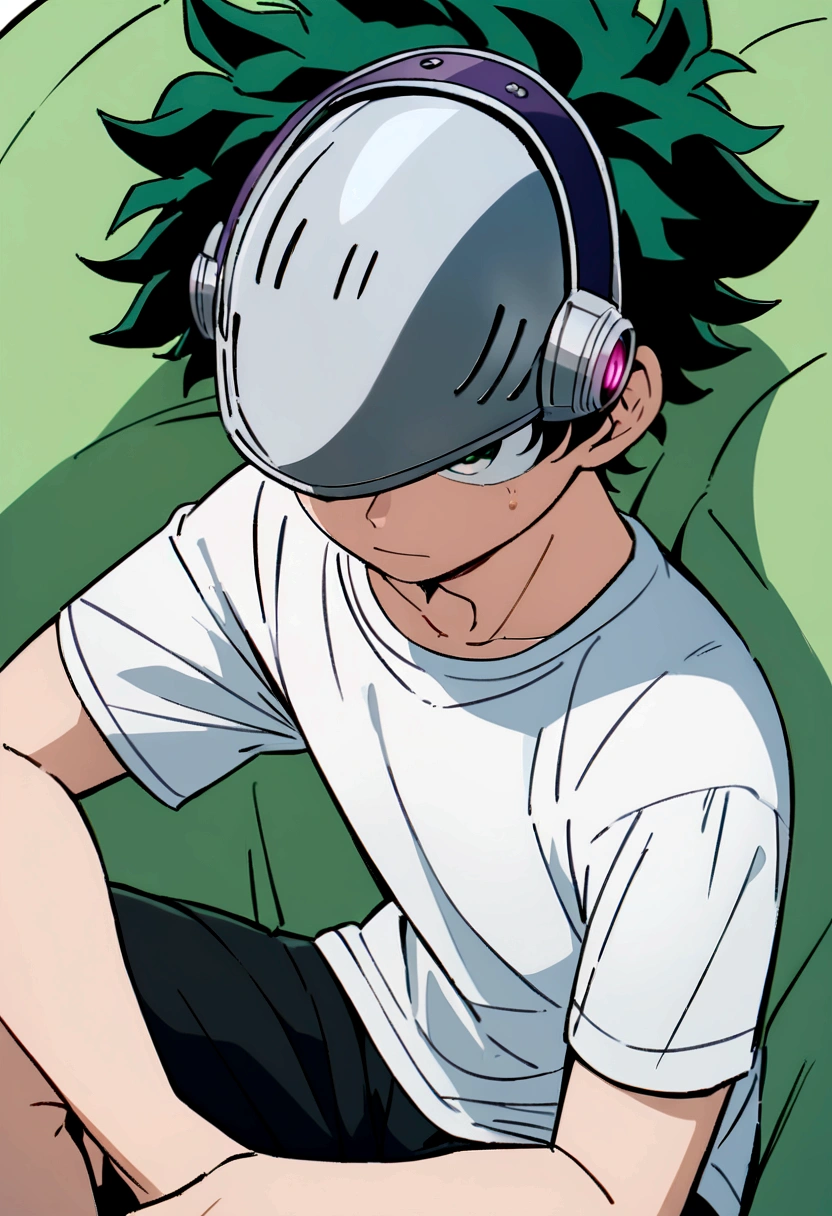 (masterpiece, best quality:1.2), solo, male focus, 1boy, midoriya izuku, short green hair, green eyes, white t-shirt, black shorts, domed helmet with visor covering eyes, mind control device, vacant expression, mouth hanging open, sitting in bean bag, sitting upright, arms at sides, anime style, my hero academia style